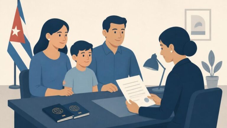 Dos padres y un menor entregan documentos a una notaria en una oficina.
