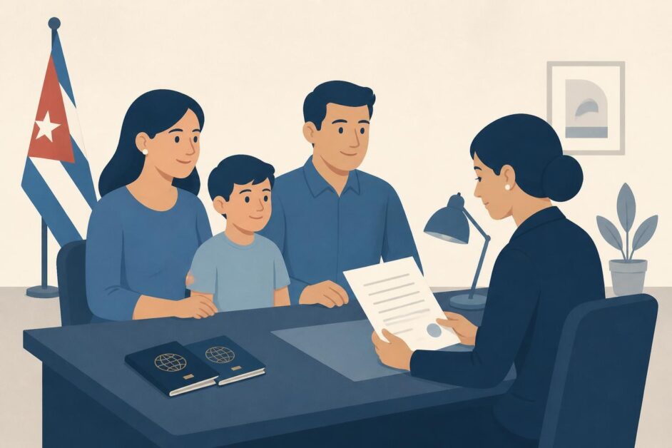 Dos padres y un menor entregan documentos a una notaria en una oficina.
