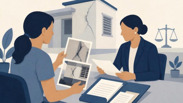 Persona y abogada revisan pruebas de daños en una vivienda para presentar una reclamación civil.