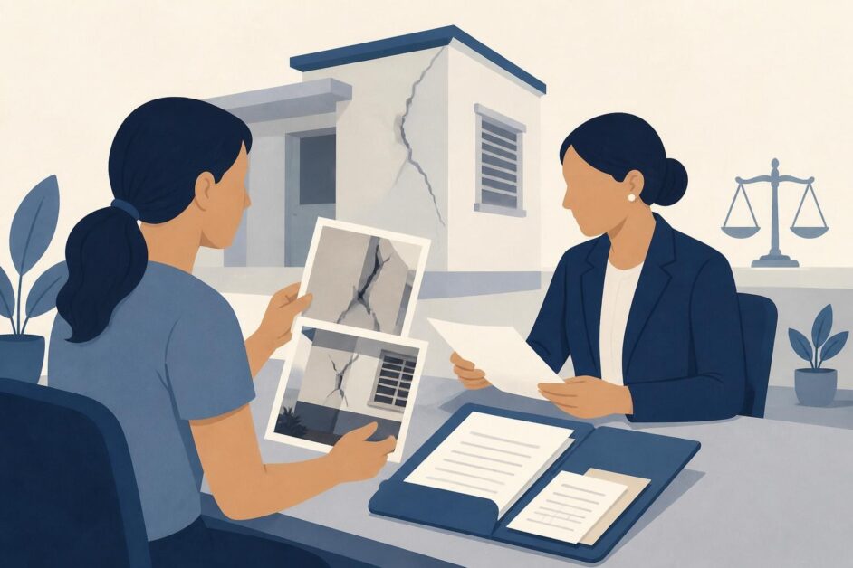Persona y abogada revisan pruebas de daños en una vivienda para presentar una reclamación civil.