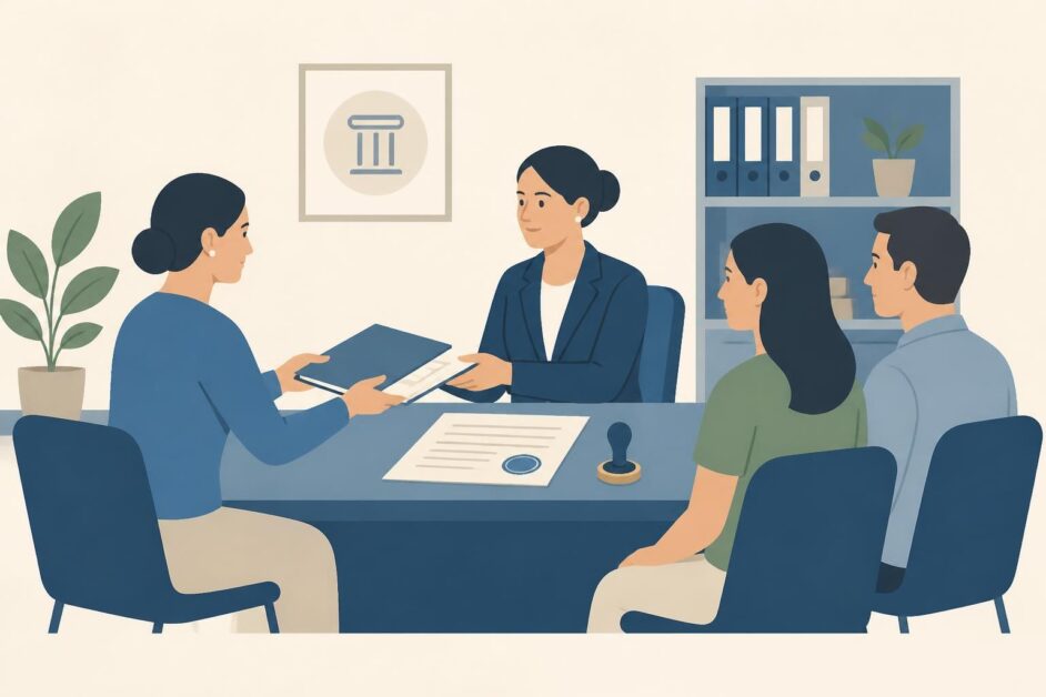 Notaria recibe documentos de familiares para un trámite de herencia.