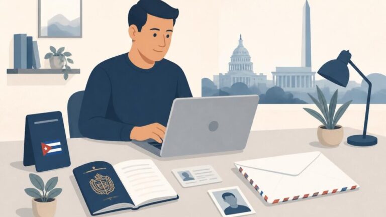 Persona prepara en una laptop la solicitud de pasaporte cubano, con pasaporte y sobre postal sobre el escritorio.