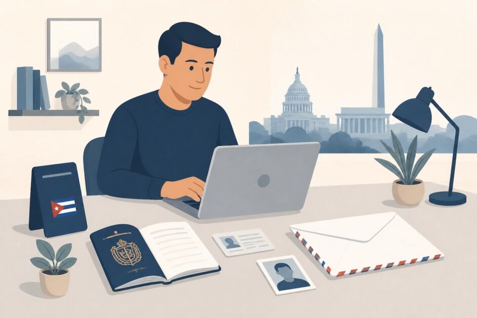 Persona prepara en una laptop la solicitud de pasaporte cubano, con pasaporte y sobre postal sobre el escritorio.