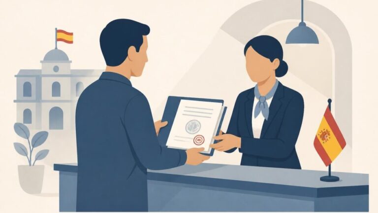 Persona entrega documentos de divorcio en un mostrador de registro consular español.