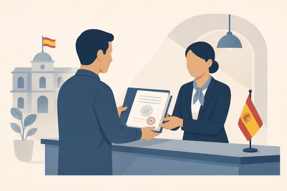 Persona entrega documentos de divorcio en un mostrador de registro consular español.