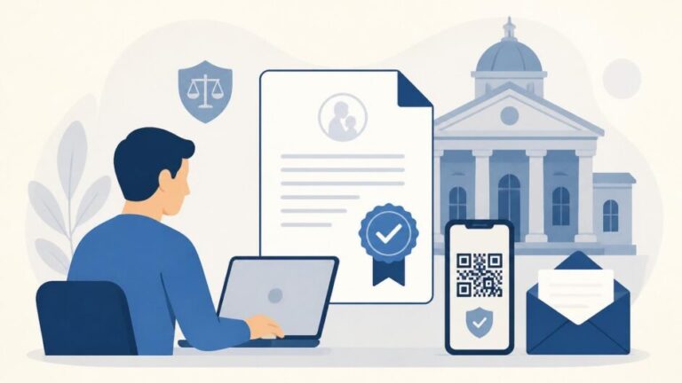 Persona usa un ordenador y un móvil con código QR para solicitar un certificado del Registro Civil.