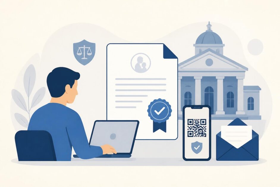 Persona usa un ordenador y un móvil con código QR para solicitar un certificado del Registro Civil.