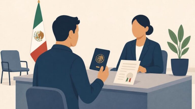 Persona entrega documentos de naturalización en un mostrador para tramitar su pasaporte mexicano.