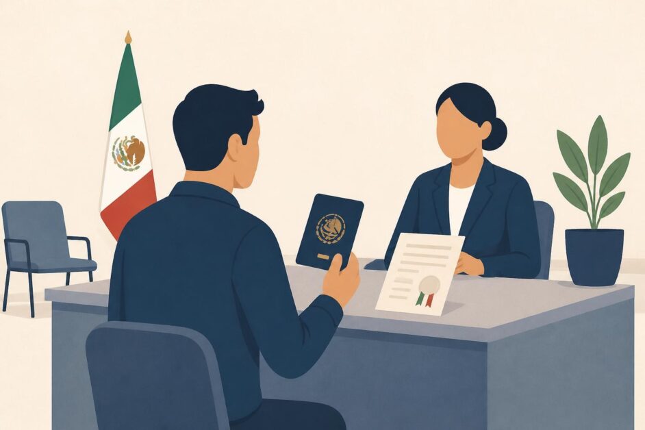 Persona entrega documentos de naturalización en un mostrador para tramitar su pasaporte mexicano.