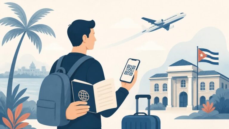 Viajero con pasaporte, teléfono y maleta mientras prepara un viaje turístico a Cuba.