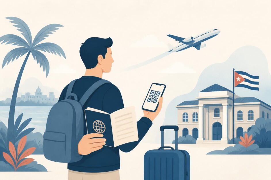 Viajero con pasaporte, teléfono y maleta mientras prepara un viaje turístico a Cuba.