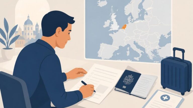 Persona prepara pasaporte, formulario y maleta para solicitar una visa turística a los Países Bajos.