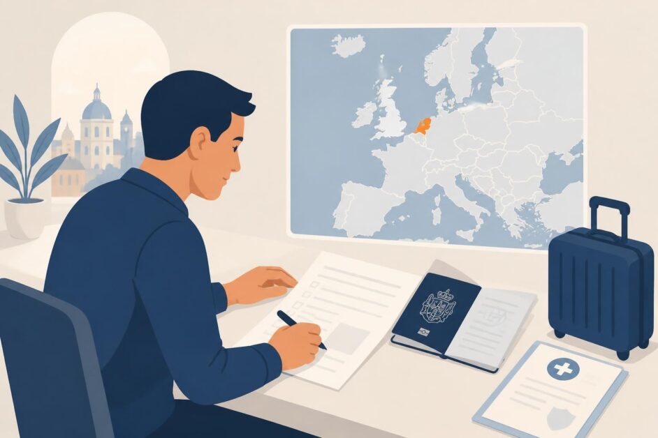 Persona prepara pasaporte, formulario y maleta para solicitar una visa turística a los Países Bajos.
