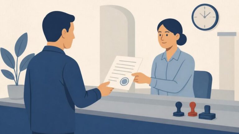 Persona recibe una certificación en un mostrador de Registro Civil, junto a sellos del timbre.