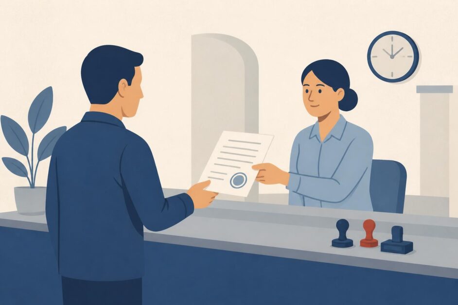 Persona recibe una certificación en un mostrador de Registro Civil, junto a sellos del timbre.