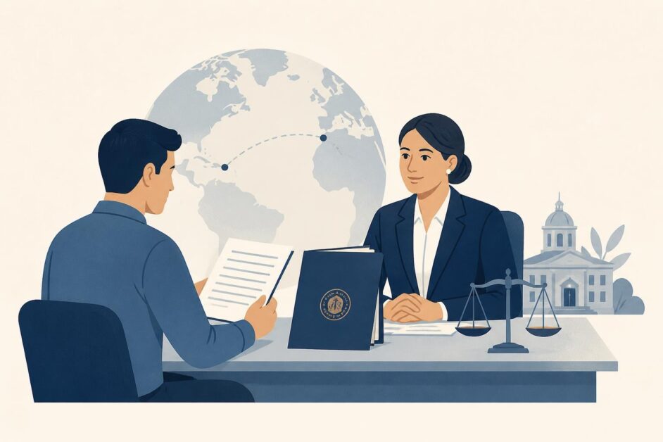 Persona residente en el exterior consulta documentos con un profesional jurídico para realizar trámites en Cuba.