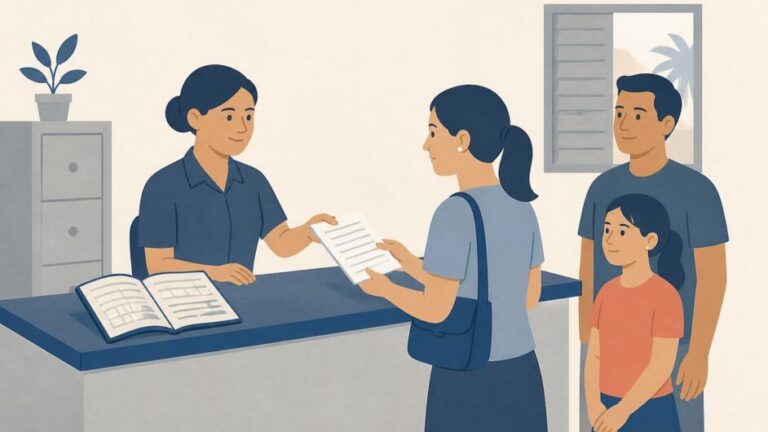 Persona entrega documentos para inscribir a su familia en una oficina de consumidores.