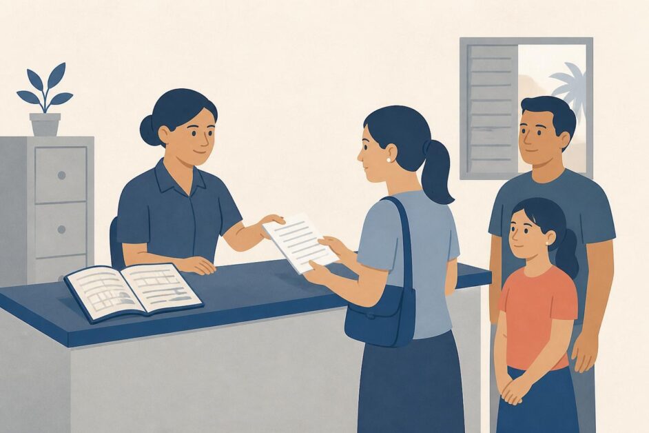 Persona entrega documentos para inscribir a su familia en una oficina de consumidores.