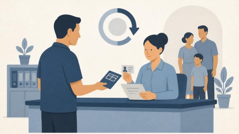 Persona adulta entrega una libreta y un carné en el mostrador de una oficina de registro.