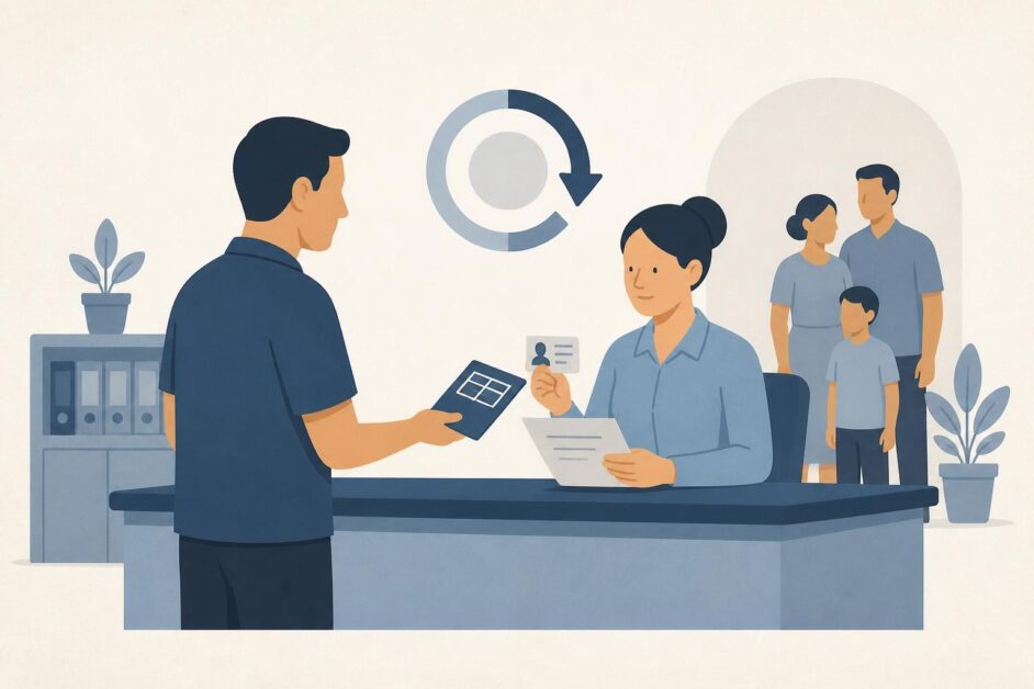 Persona adulta entrega una libreta y un carné en el mostrador de una oficina de registro.
