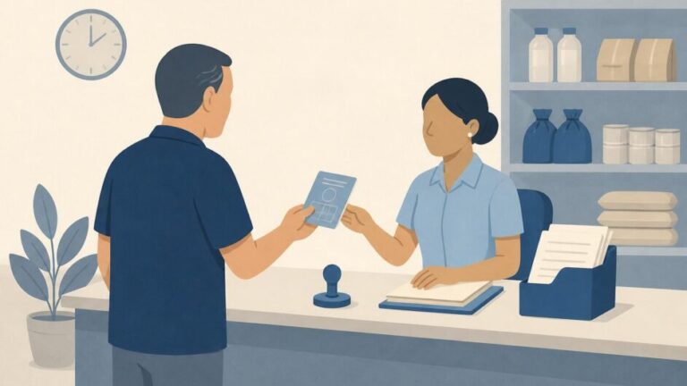 Persona entrega una libreta y documentos en una oficina de registro de consumidores.