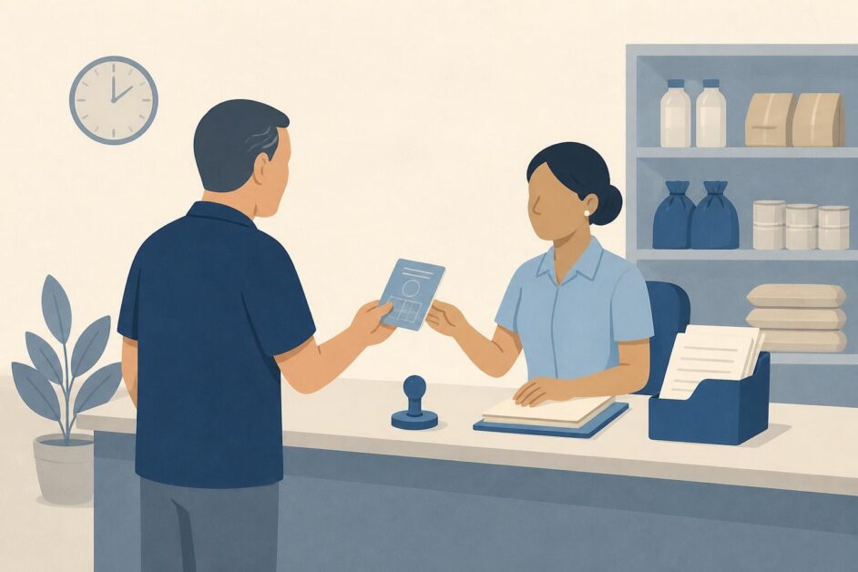Persona entrega una libreta y documentos en una oficina de registro de consumidores.