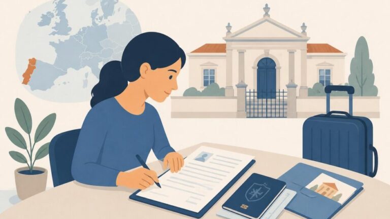 Persona preparando pasaporte, documentos y maleta para solicitar una visa de viaje a Portugal.