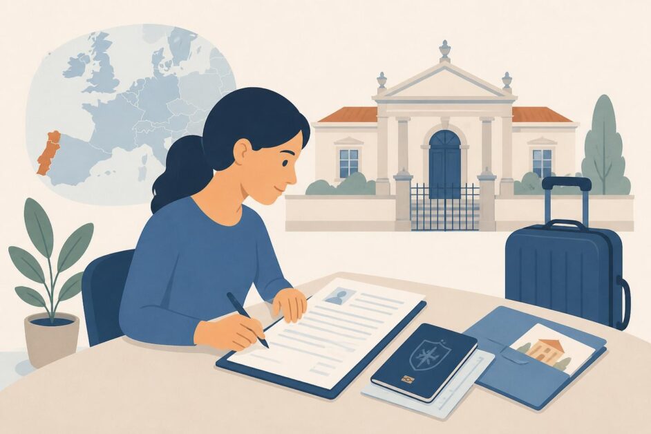 Persona preparando pasaporte, documentos y maleta para solicitar una visa de viaje a Portugal.