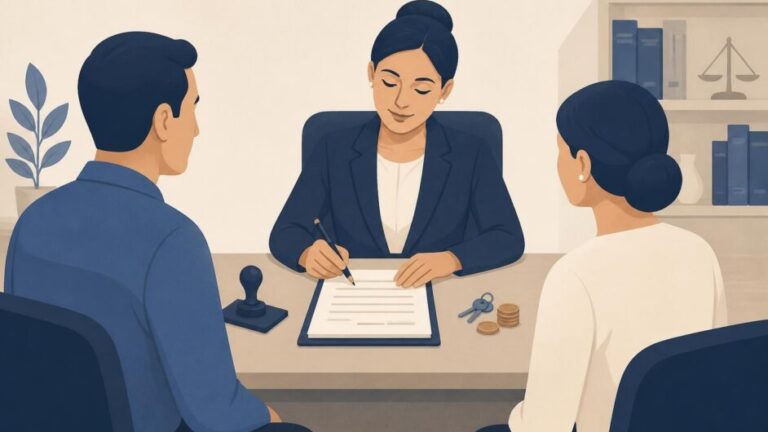 Dos personas firman una escritura de préstamo ante una notaria, con llaves y monedas sobre el escritorio.