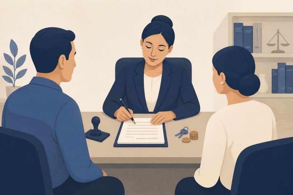 Dos personas firman una escritura de préstamo ante una notaria, con llaves y monedas sobre el escritorio.