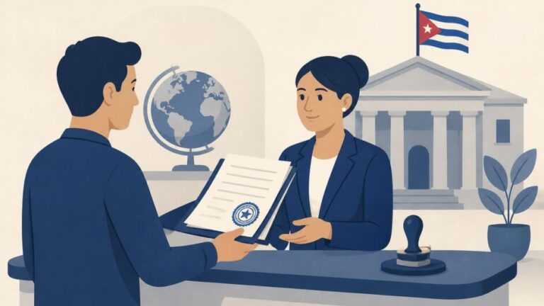 Persona entrega documentos con sello oficial a una asesora en una oficina jurídica cubana, con un globo terráqueo al fondo.