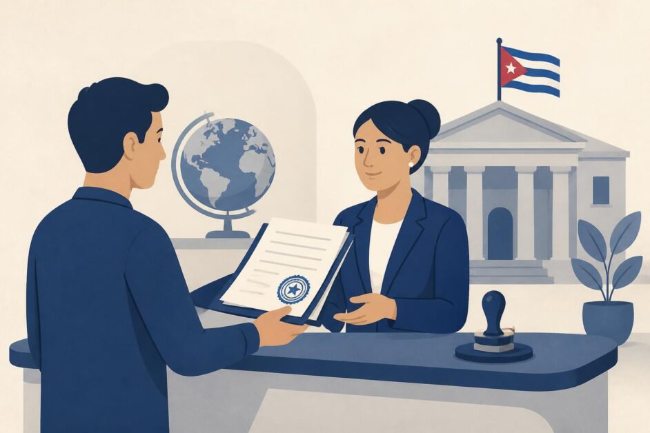 Persona entrega documentos con sello oficial a una asesora en una oficina jurídica cubana, con un globo terráqueo al fondo.