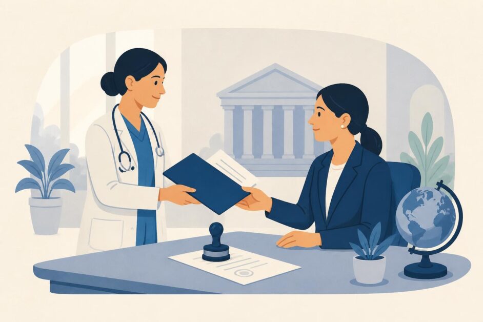 Profesional sanitario entrega una carpeta de documentos a una asesora jurídica en una oficina.