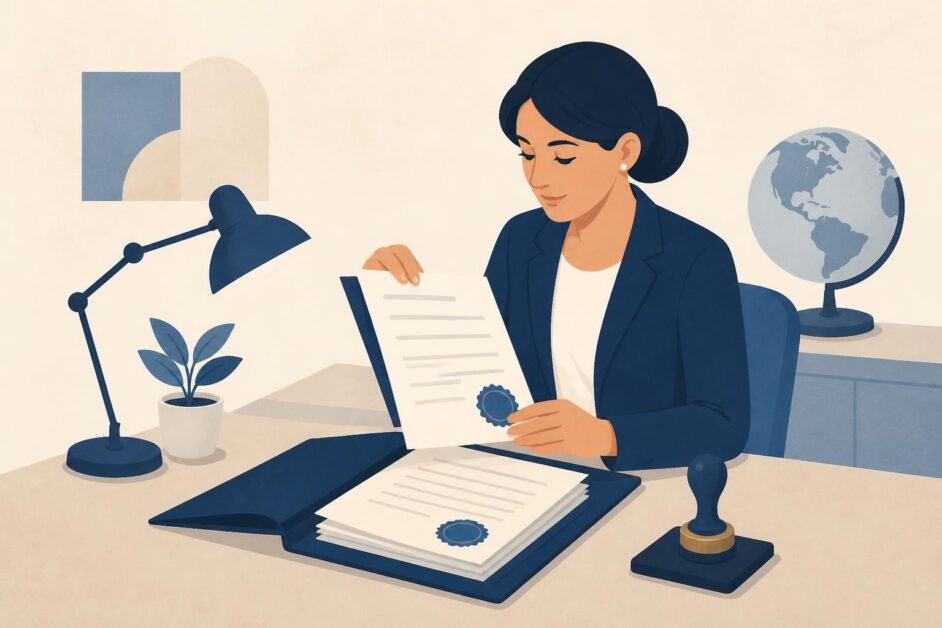 Persona entrega una carpeta de documentos sellados en una oficina jurídica con un globo terráqueo al fondo.