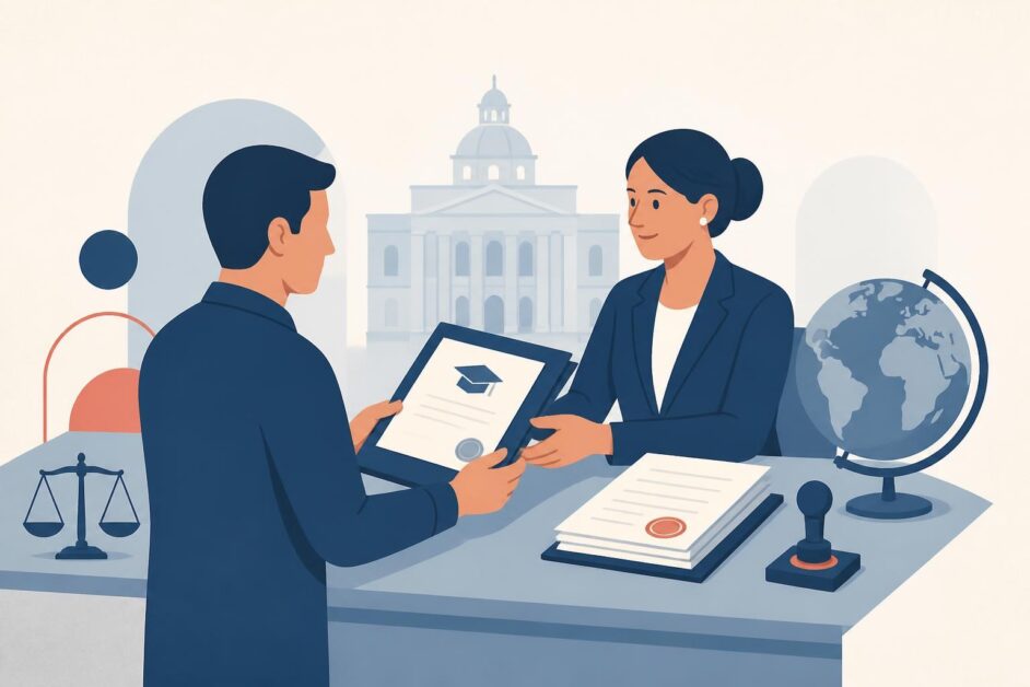 Persona entrega documentos académicos a una asesora jurídica para su legalización internacional.
