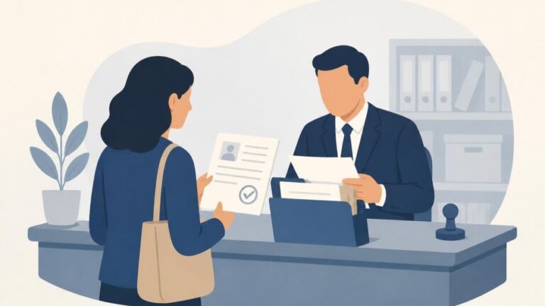 Persona entrega una certificación y documentos de prueba a un funcionario del Registro Civil.