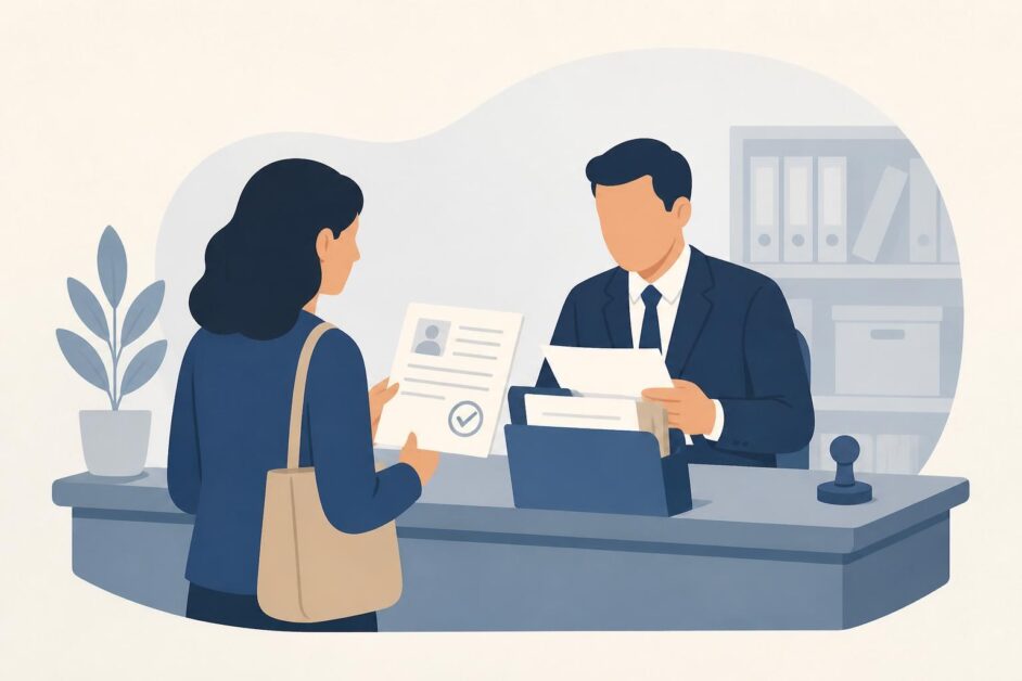 Persona entrega una certificación y documentos de prueba a un funcionario del Registro Civil.