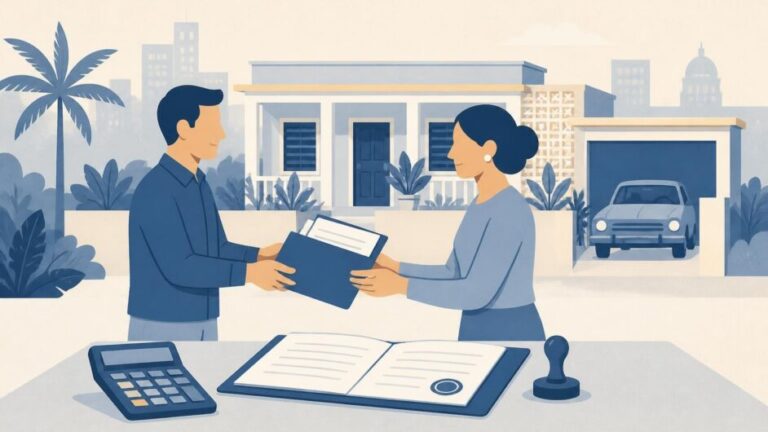Dos personas formalizan la transmisión de una vivienda con documentos notariales y una calculadora.