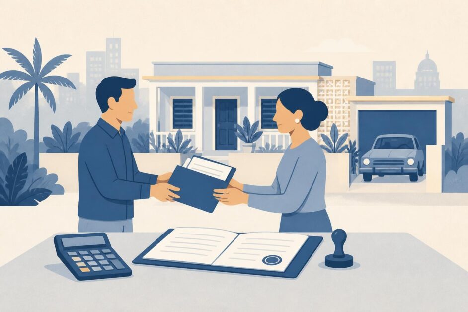 Dos personas formalizan la transmisión de una vivienda con documentos notariales y una calculadora.