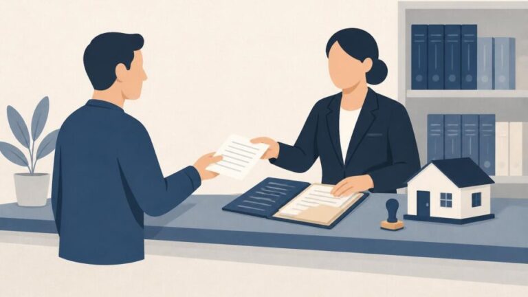 Persona entrega documentos en un registro mientras un funcionario revisa una solicitud relacionada con una vivienda.