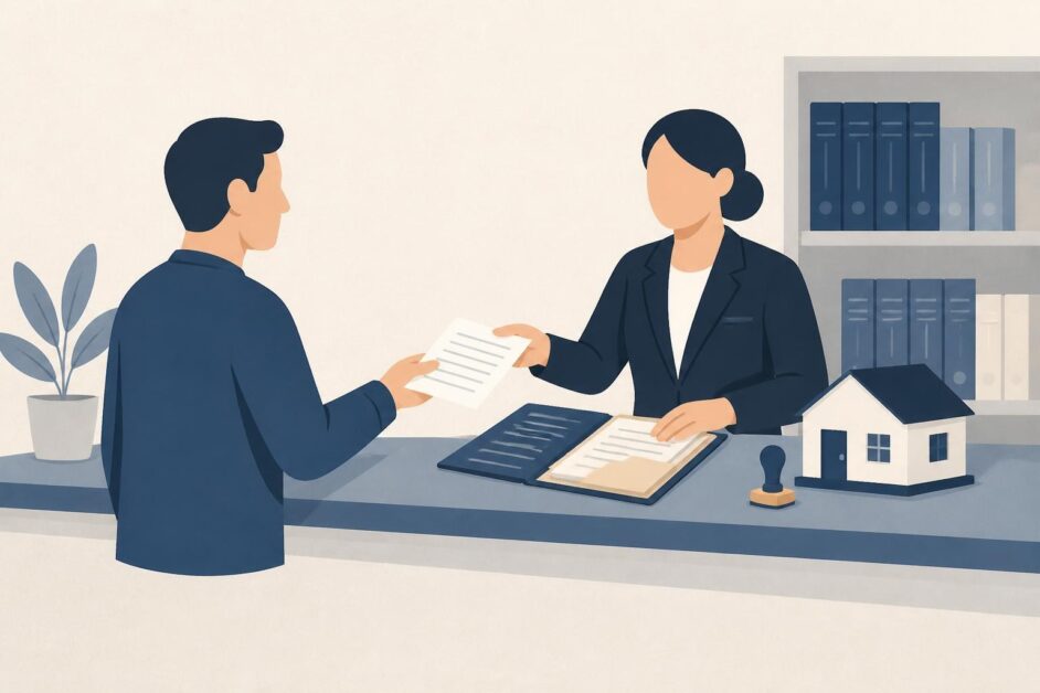 Persona entrega documentos en un registro mientras un funcionario revisa una solicitud relacionada con una vivienda.