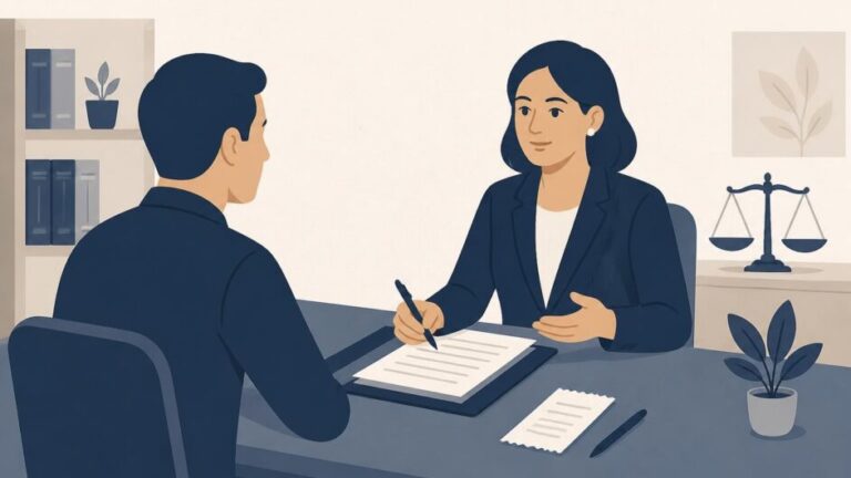 Persona conversa con una abogada en un escritorio con documentos y recibo.