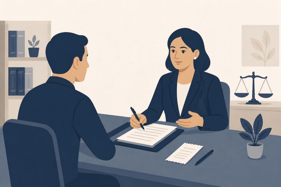 Persona conversa con una abogada en un escritorio con documentos y recibo.