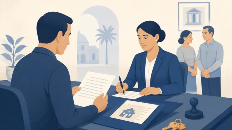 Persona heredera presenta documentos ante una notaria, con llaves y carpeta sucesoria sobre el escritorio.