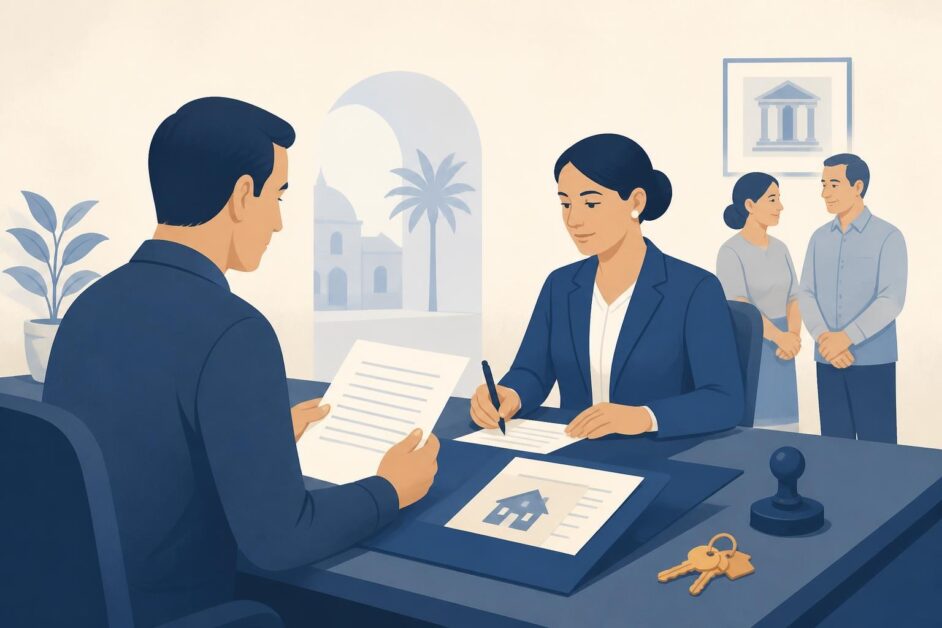 Persona heredera presenta documentos ante una notaria, con llaves y carpeta sucesoria sobre el escritorio.