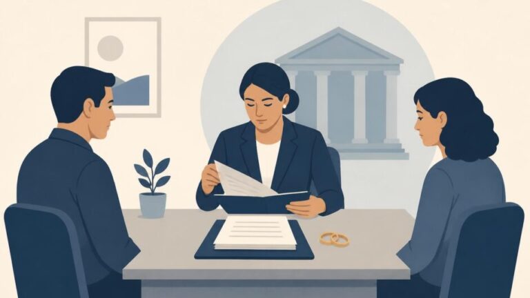 Abogada revisa documentos de divorcio con dos cónyuges sentados en lados opuestos de una mesa.