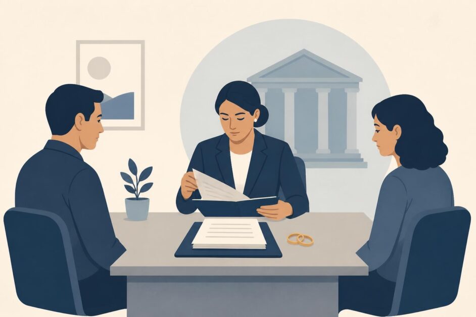 Abogada revisa documentos de divorcio con dos cónyuges sentados en lados opuestos de una mesa.