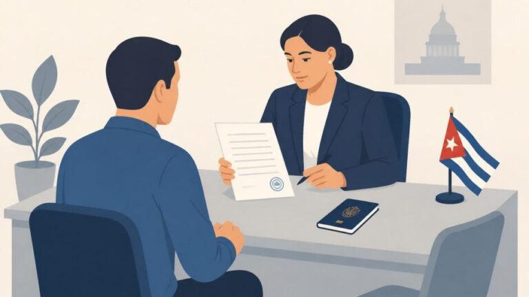 Persona firma un poder notarial ante una funcionaria en un consulado cubano.