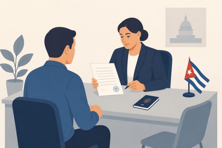 Persona firma un poder notarial ante una funcionaria en un consulado cubano.