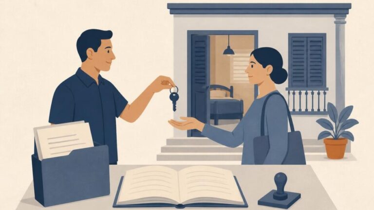 Propietario entrega una llave junto a documentos y un libro de registro frente a una vivienda.